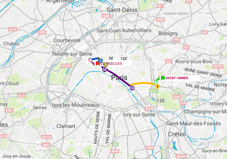 plan itinéraire ratp de Saint-Mandé à Courcelles