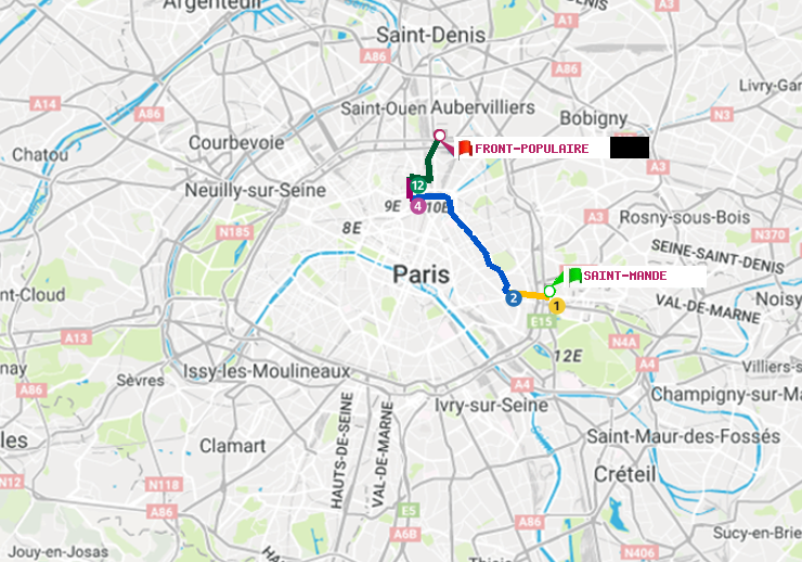 plan itinéraire ratp de Saint-Mandé à Front Populaire