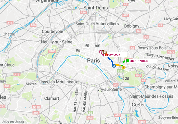 plan itinéraire ratp de Saint-Mandé à Goncourt (Hôpital Saint-Louis)