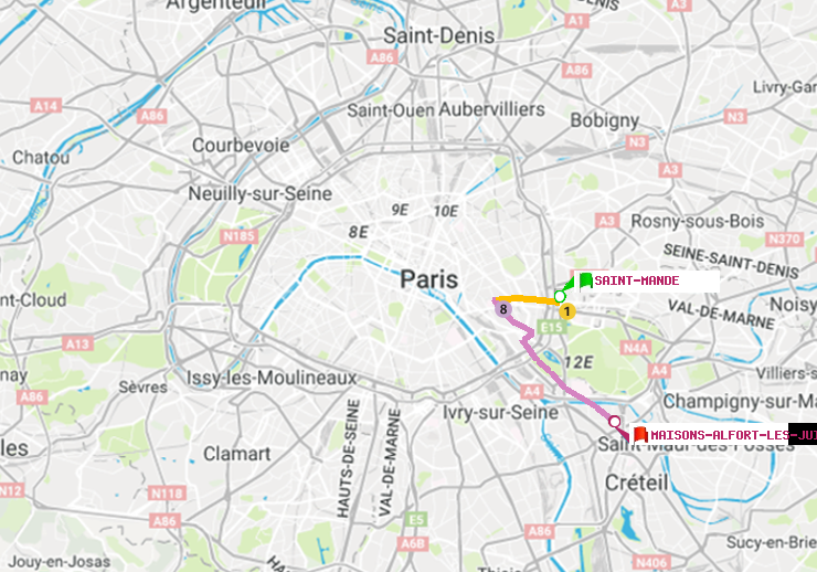 plan itinéraire ratp de Saint-Mandé à Maisons-Alfort-Les Juilliottes
