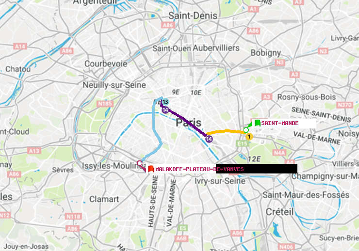plan itinéraire ratp de Saint-Mandé à Malakoff-Plateau de Vanves