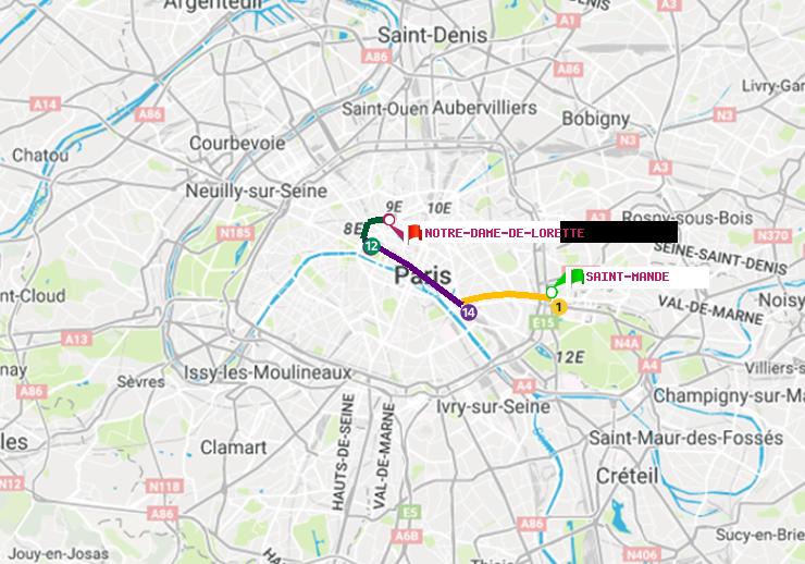 plan itinéraire ratp de Saint-Mandé à Notre-Dame de Lorette