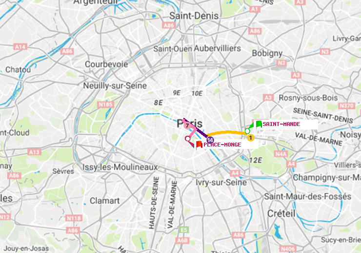 plan itinéraire ratp de Saint-Mandé à Place Monge (Jardin des Plantes)