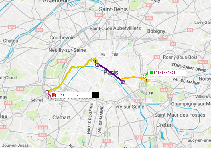 plan itinéraire ratp de Saint-Mandé à Pont de Sèvres