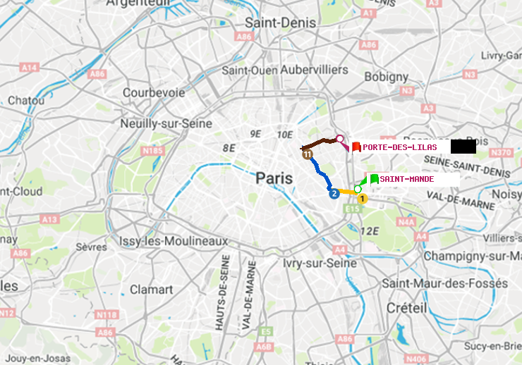 plan itinéraire ratp de Saint-Mandé à Porte des Lilas