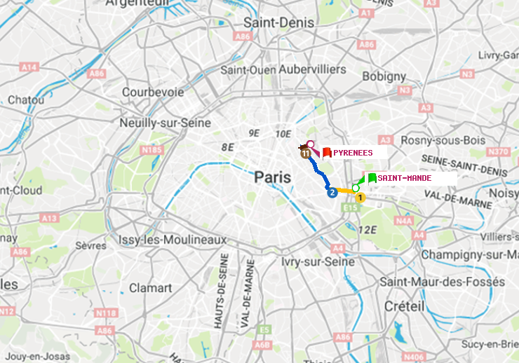 plan itinéraire ratp de Saint-Mandé à Pyrenees