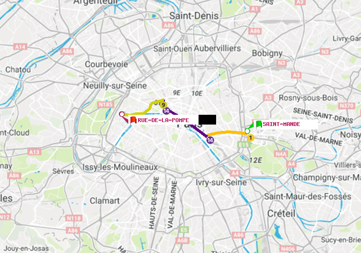 plan itinéraire ratp de Saint-Mandé à Rue de la Pompe (Avenue Georges Mandel)