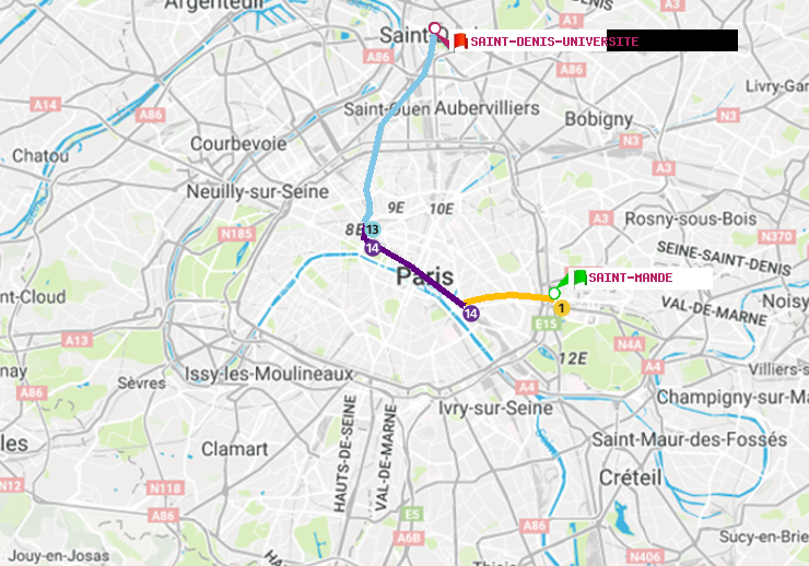 plan itinéraire ratp de Saint-Mandé à Saint-Denis-Universite