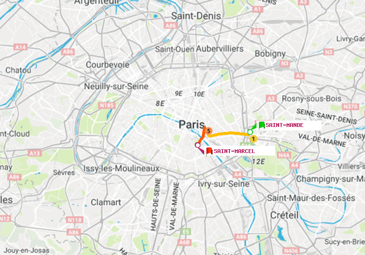 plan itinéraire ratp de Saint-Mandé à Saint-Marcel