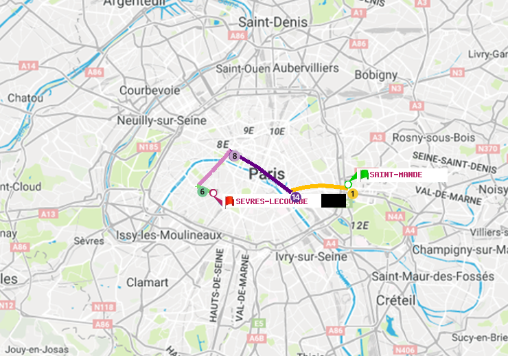plan itinéraire ratp de Saint-Mandé à Sèvres-Lecourbe