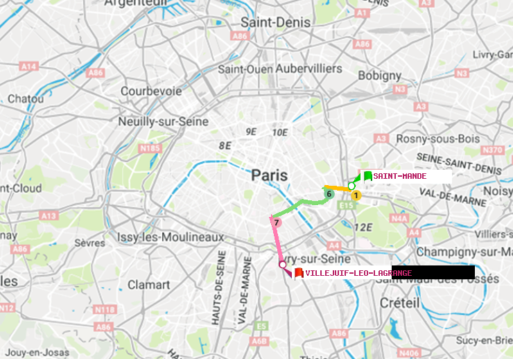 plan itinéraire ratp de Saint-Mandé à Villejuif-Léo Lagrange