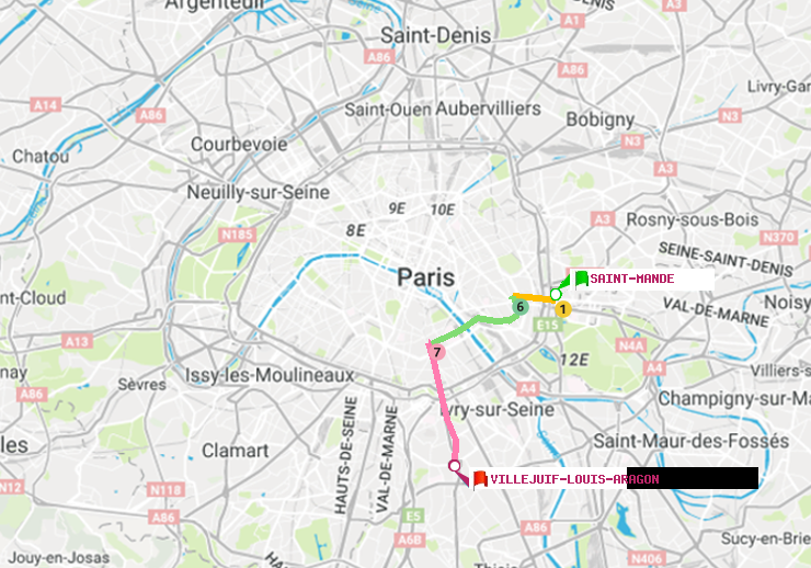 plan itinéraire ratp de Saint-Mandé à Villejuif-Louis Aragon