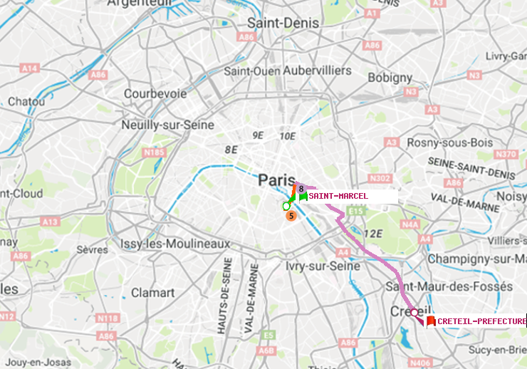 plan itinéraire ratp de Saint-Marcel à Créteil-Préfecture (Hôtel de Ville)