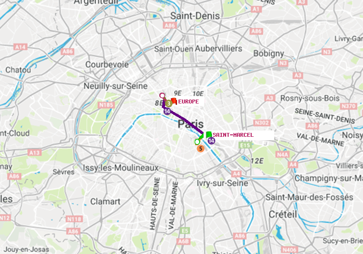 plan itinéraire ratp de Saint-Marcel à Europe