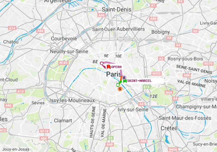 plan itinéraire ratp de Saint-Marcel à Opéra