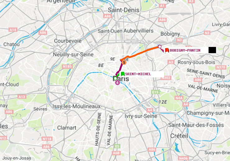 plan itinéraire ratp de Saint-Michel à Bobigny-Pantin (Raymond Queneau)