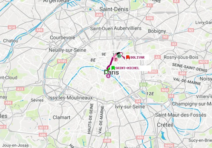 plan itinéraire ratp de Saint-Michel à Bolivar