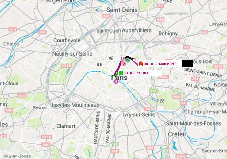plan itinéraire ratp de Saint-Michel à Buttes-Chaumont