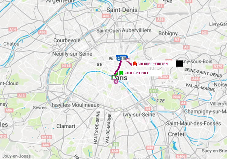plan itinéraire ratp de Saint-Michel à Colonel Fabien