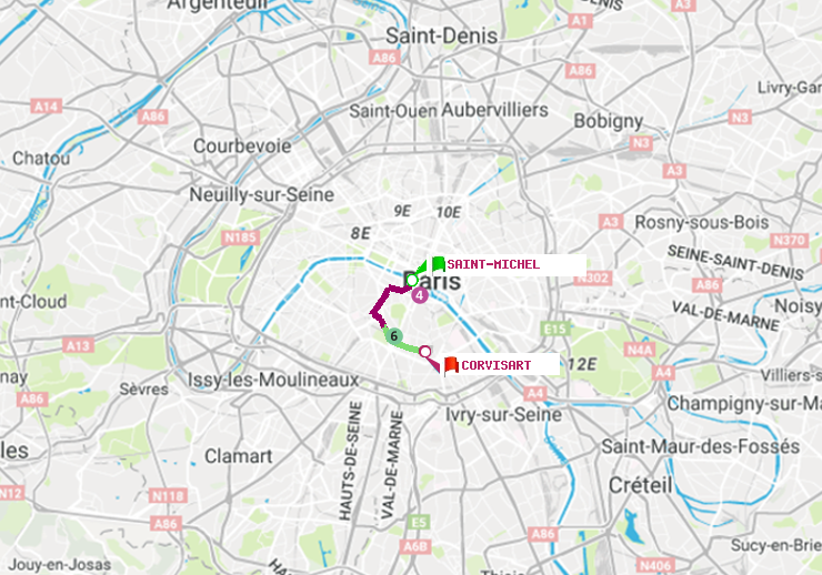 plan itinéraire ratp de Saint-Michel à Corvisart