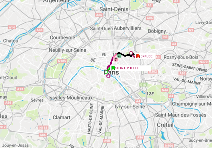plan itinéraire ratp de Saint-Michel à Danube