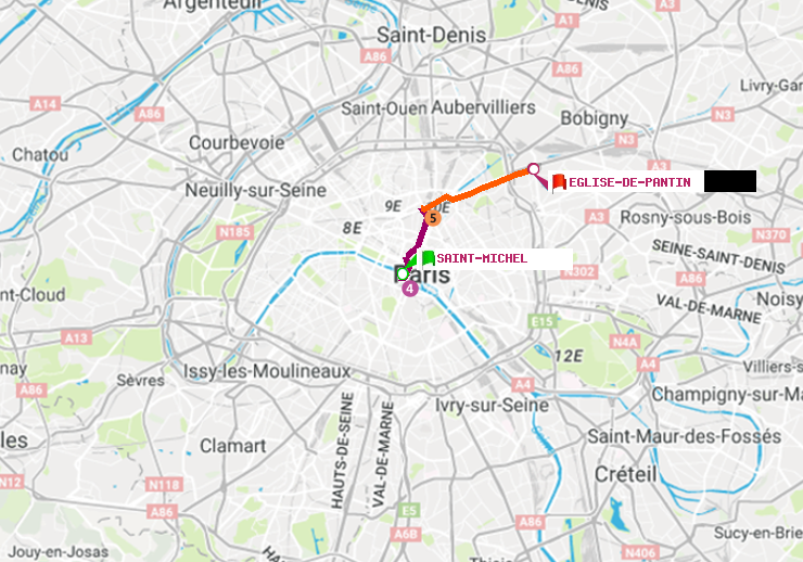 plan itinéraire ratp de Saint-Michel à Eglise de Pantin