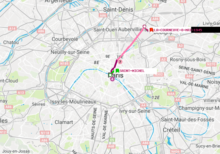plan itinéraire ratp de Saint-Michel à La Courneuve-8-Mai-1945