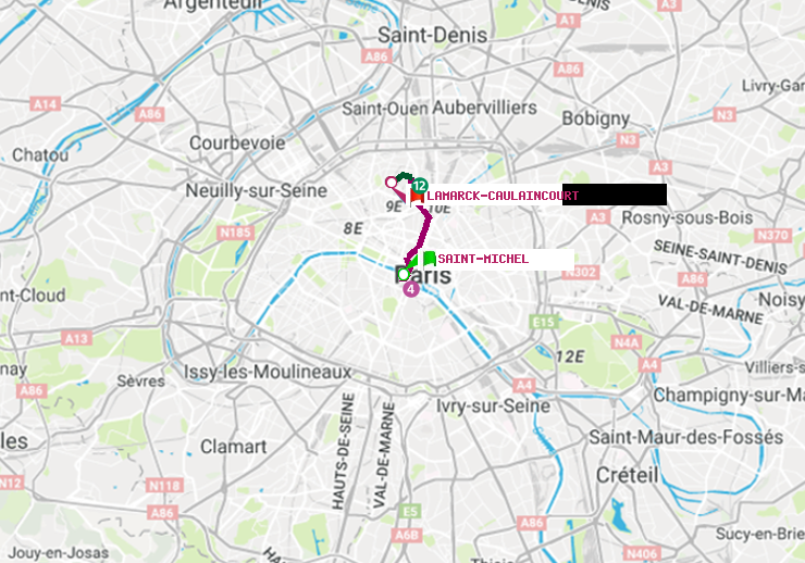 plan itinéraire ratp de Saint-Michel à Lamarck-Caulaincourt