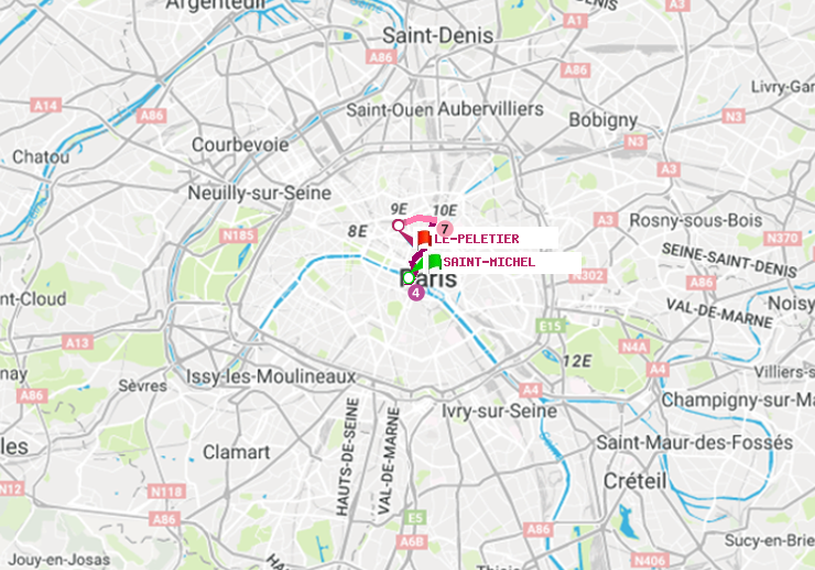 plan itinéraire ratp de Saint-Michel à Le Peletier