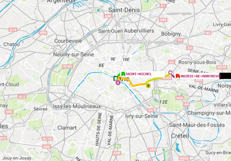 plan itinéraire ratp de Saint-Michel à Mairie de Montreuil