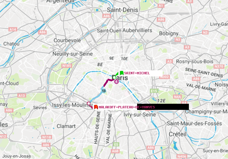 plan itinéraire ratp de Saint-Michel à Malakoff-Plateau de Vanves