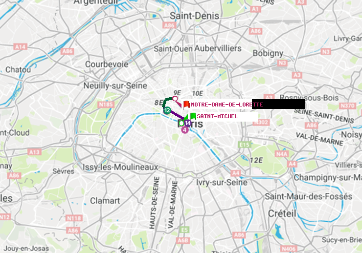 plan itinéraire ratp de Saint-Michel à Notre-Dame de Lorette