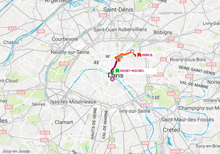 plan itinéraire ratp de Saint-Michel à Ourcq