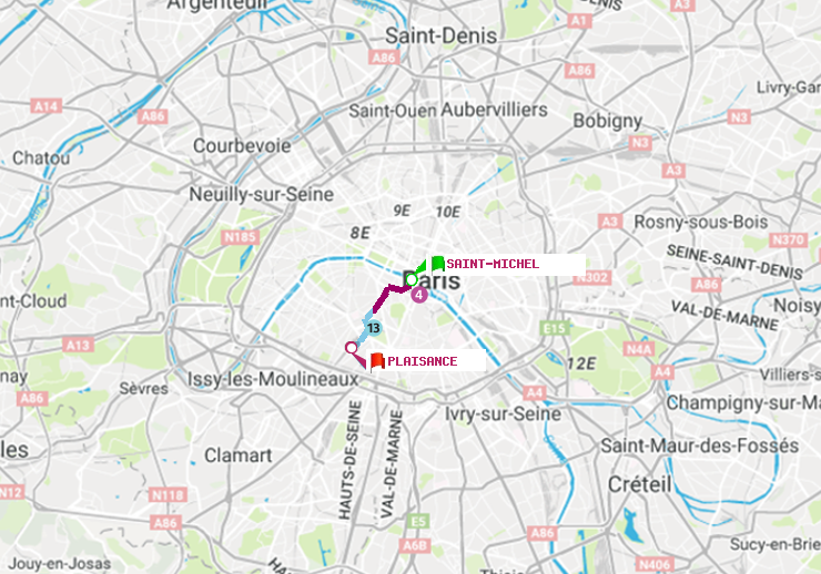 plan itinéraire ratp de Saint-Michel à Plaisance