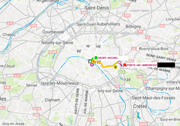 plan itinéraire ratp de Saint-Michel à Porte de Montreuil