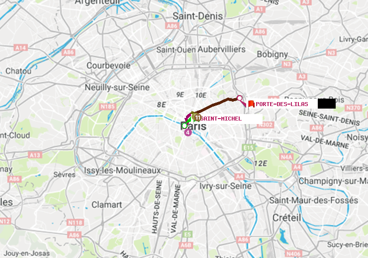 plan itinéraire ratp de Saint-Michel à Porte des Lilas