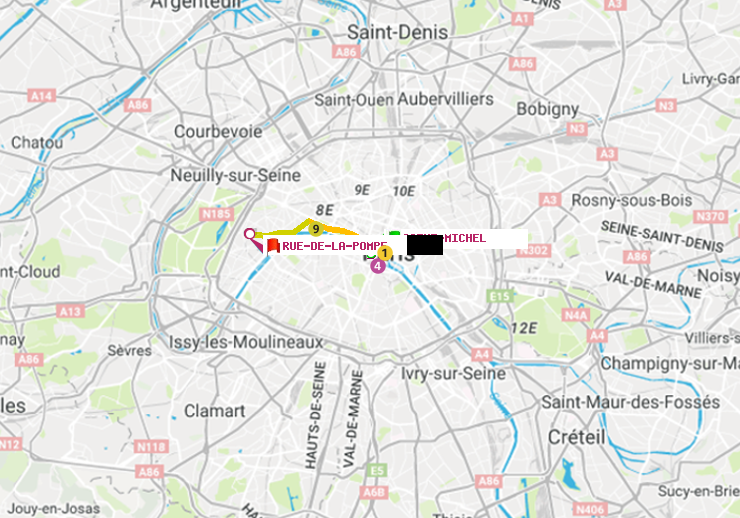 plan itinéraire ratp de Saint-Michel à Rue de la Pompe (Avenue Georges Mandel)