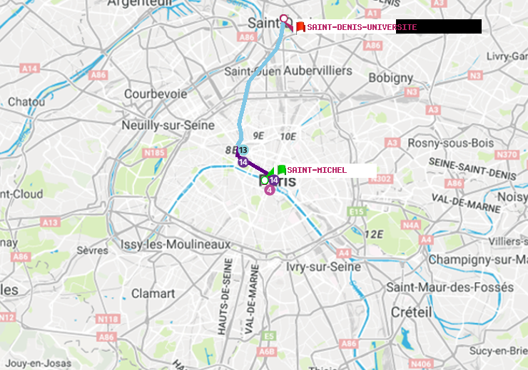 plan itinéraire ratp de Saint-Michel à Saint-Denis-Universite