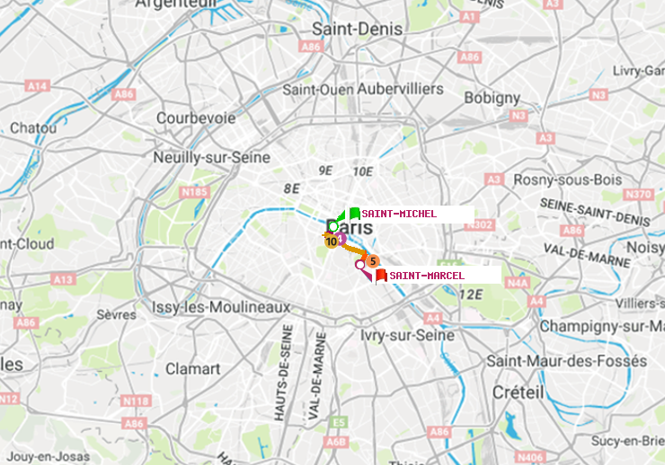 plan itinéraire ratp de Saint-Michel à Saint-Marcel