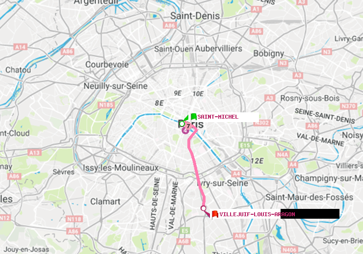 plan itinéraire ratp de Saint-Michel à Villejuif-Louis Aragon