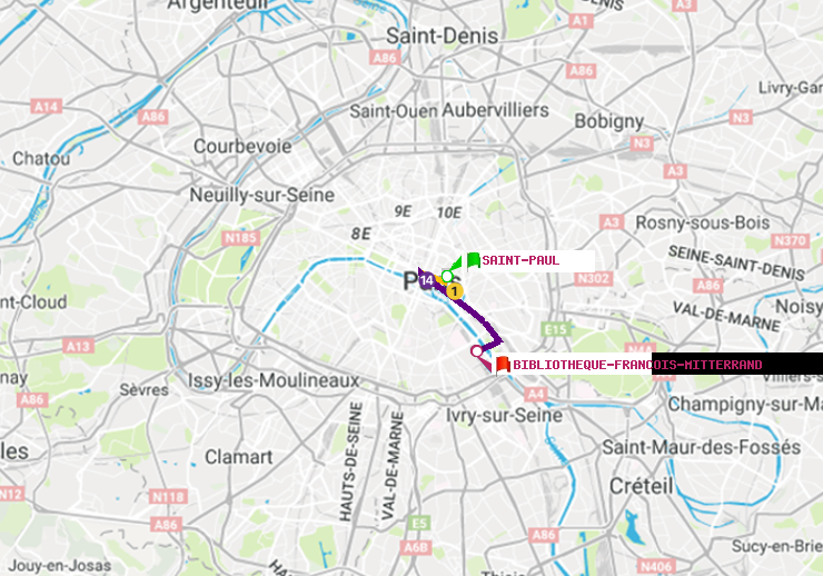plan itinéraire ratp de Saint-Paul (Le Marais) à Bibliotheque-Francois Mitterrand