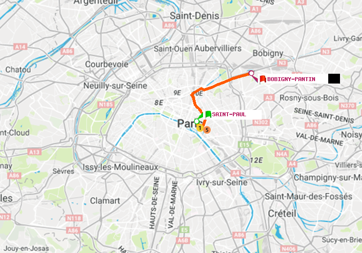 plan itinéraire ratp de Saint-Paul (Le Marais) à Bobigny-Pantin (Raymond Queneau)