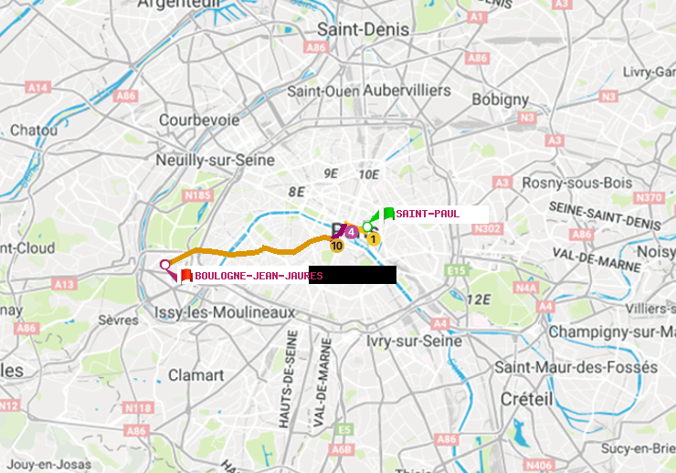 plan itinéraire ratp de Saint-Paul (Le Marais) à Boulogne-Jean-Jaurès