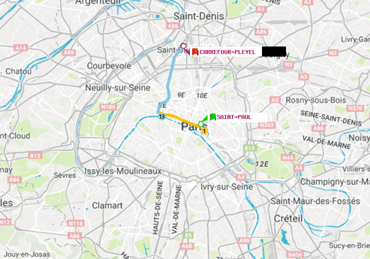 plan itinéraire ratp de Saint-Paul (Le Marais) à Carrefour-Pleyel