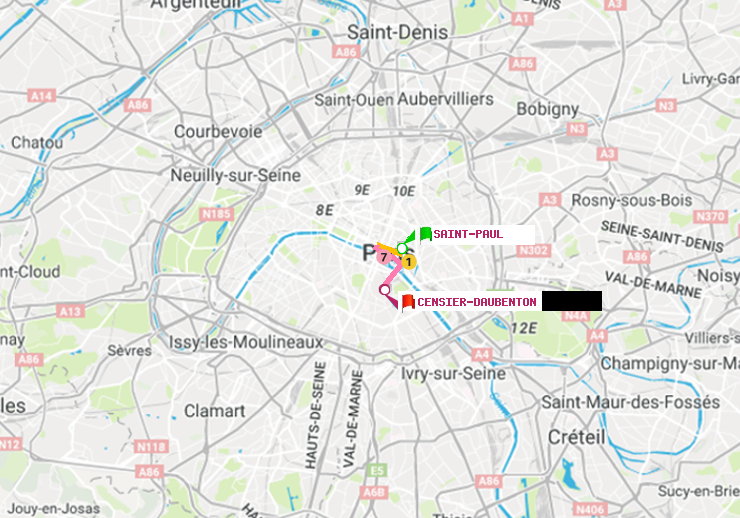 plan itinéraire ratp de Saint-Paul (Le Marais) à Censier-Daubenton