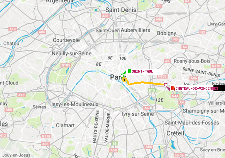 plan itinéraire ratp de Saint-Paul (Le Marais) à Château de Vincennes