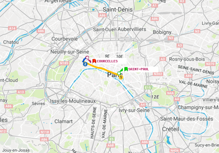 plan itinéraire ratp de Saint-Paul (Le Marais) à Courcelles