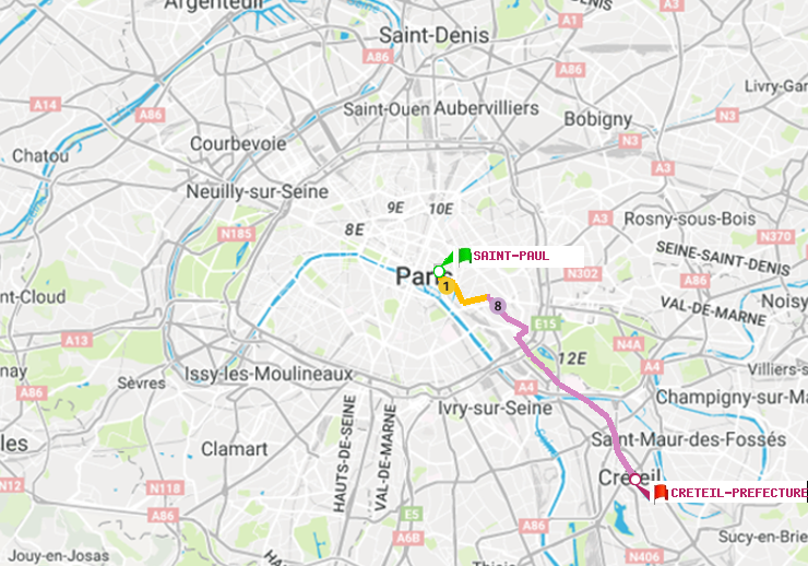 plan itinéraire ratp de Saint-Paul (Le Marais) à Créteil-Préfecture (Hôtel de Ville)