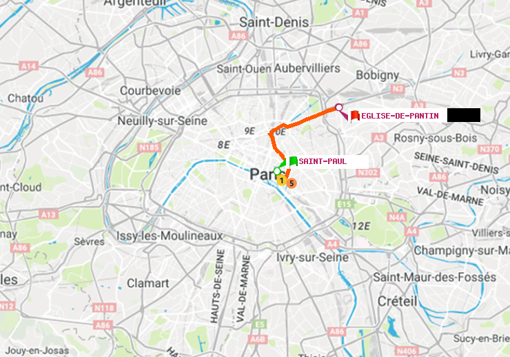 plan itinéraire ratp de Saint-Paul (Le Marais) à Eglise de Pantin
