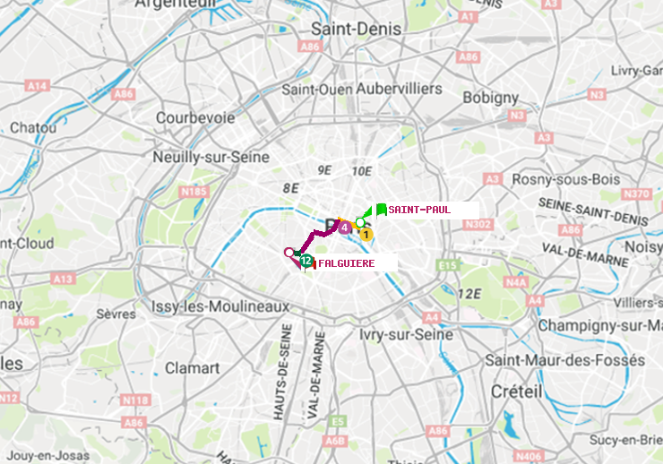 plan itinéraire ratp de Saint-Paul (Le Marais) à Falguière